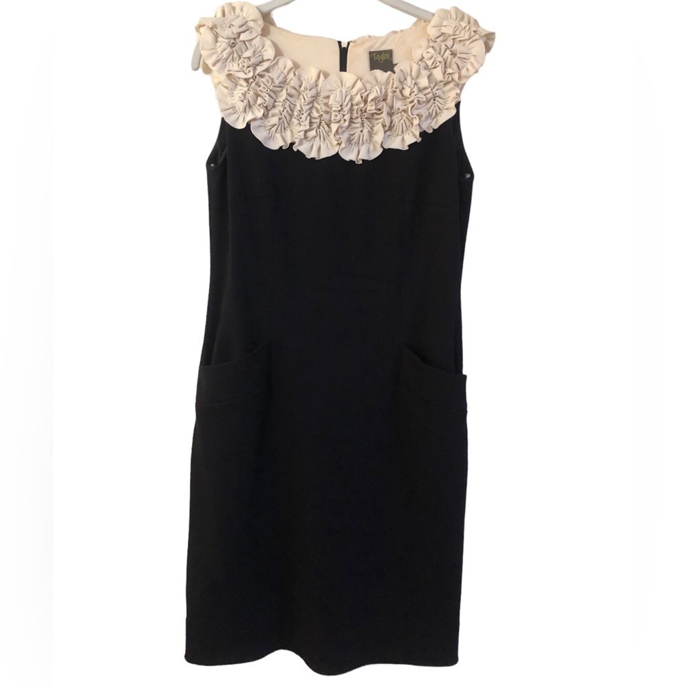 Taylor Sleeveless Black Sheath Dress Ivory Ruffle Accent Size 4
